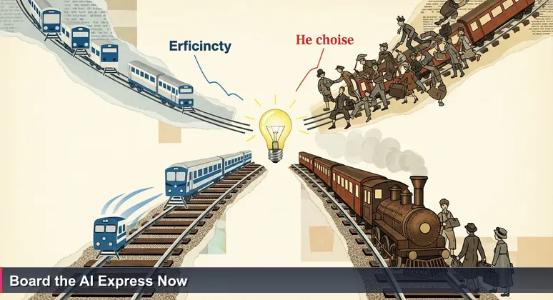 A visual metaphor for India's tech career choice in 2026: a modern Vande Bharat Express train versus a crowded local train on a bustling railway platform.