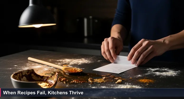 Hands in a dimly lit kitchen holding a recipe card, with a burnt dish on the counter, symbolizing the gap between AI theory and practical engineering skills in India's tech scene.