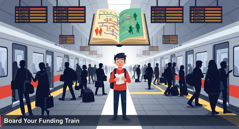 A young Indian professional looking overwhelmed at a crowded Mumbai railway station, holding a schedule, symbolizing the challenge of funding tech training.