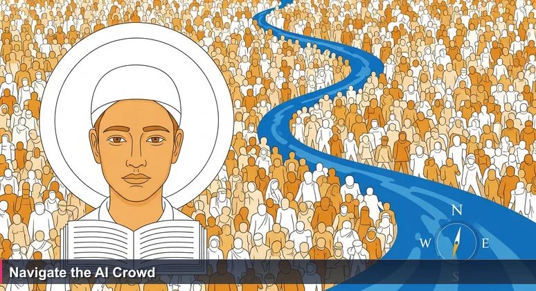 A determined AI professional focusing ahead in a crowded conference hall, symbolizing the search for meaningful connections in India's 2026 AI scene.