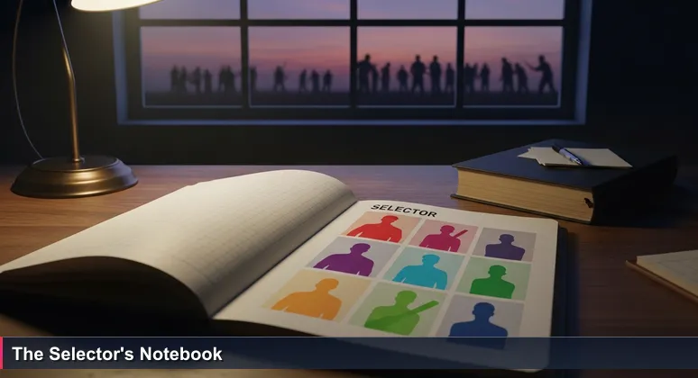 A vintage cricket selector's notebook open on a wooden desk, displaying a handwritten list of top 10 AI companies in India for 2026, with shadowy figures practicing outside.