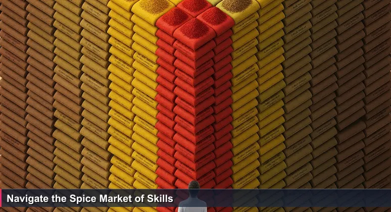 A person stands before a towering wall of colorful spice sacks in Delhi's Khari Baoli market, symbolizing the overwhelming choice of AI bootcamps in India for career advancement.