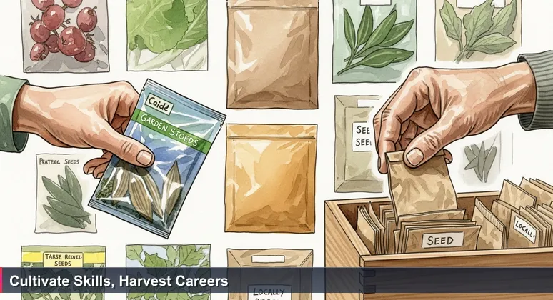 Two hands in contrast: one holding glossy seed packets, the other reaching into a rustic wooden community seed box, symbolizing grassroots free tech training opportunities in India.