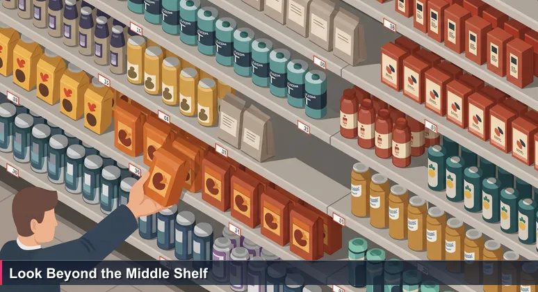 A shopper's hand reaching for a familiar Big Tech product on a supermarket middle shelf, with a superior local product on a higher dusty shelf, symbolizing overlooked AI career opportunities in India's non-tech industries.