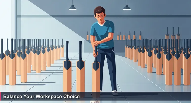 A young cricketer testing a bat's balance in a shop, symbolizing careful choice of tech coworking spaces in India for optimal growth.