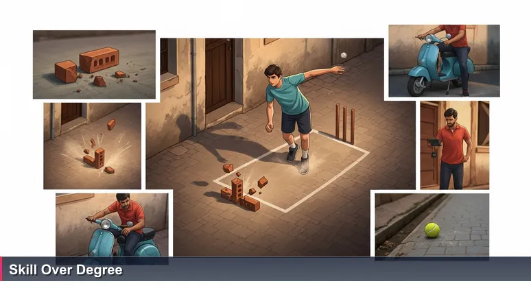 A teenager bowls a perfect yorker in a gully cricket match in India, with a tech company scout observing intently from the background.