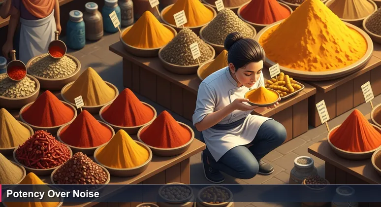 A young professional in Bengaluru's KR Market discerns vibrant turmeric from a quiet stall, ignoring chaotic vendor shouts, symbolizing finding quality startup opportunities in a noisy job market.