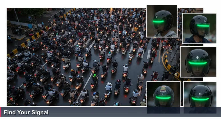 Top-down view of Bangalore rush hour traffic with scooters and motorcycles; some helmets have green lights, symbolizing women finding community in tech.