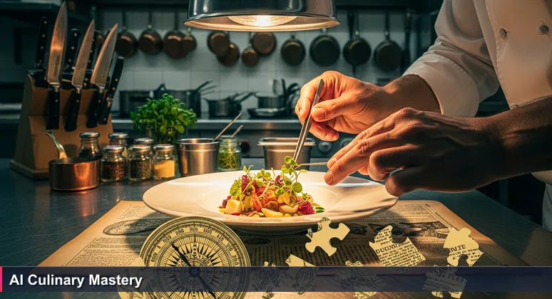 A master chef's hands carefully garnishing a dish in a modern kitchen, symbolizing the precision and craftsmanship needed for an AI career in Qatar's 2026 market.