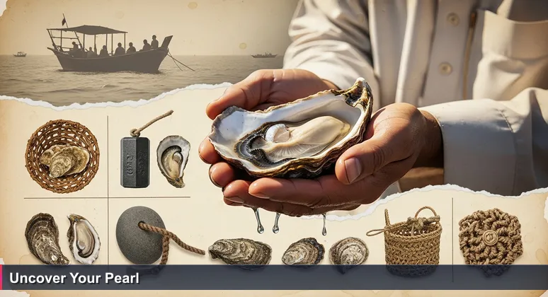 A Qatari pearl diver's hands holding an unopened oyster, symbolizing hidden value in tech compensation packages in Qatar.