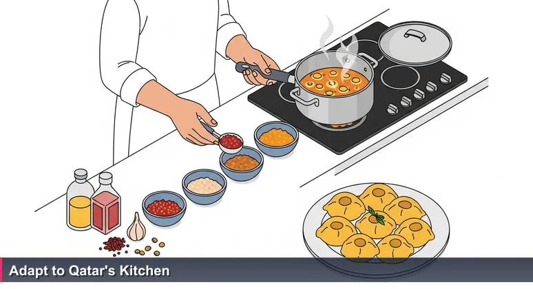A person in a modern Doha kitchen looking frustrated while holding a recipe for machboos, with mismatched spices and a burning pot, symbolizing the pitfalls of generic AI roadmaps in Qatar.
