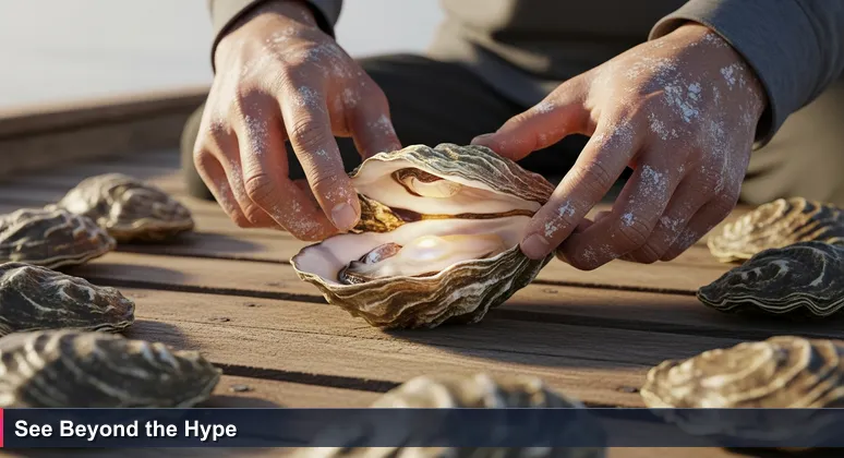 A pearl diver's hands opening a rough oyster in a traditional Qatari dhow, symbolizing the discovery of valuable AI startups in Qatar's tech ecosystem.