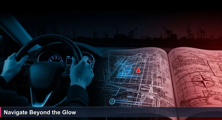 Hands gripping a steering wheel at night, with a GPS screen glowing blue and showing a destination dot, symbolizing the journey to AI career success in Qatar's tech landscape.