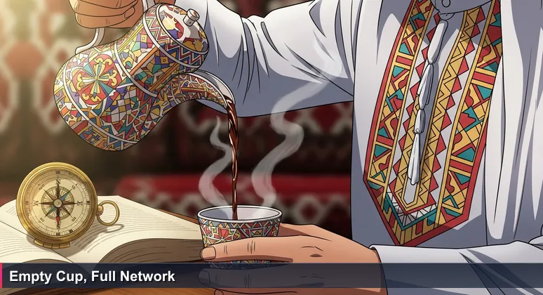 A traditional Qatari dallah pouring dark coffee into a small finjal, symbolizing the ritual of networking in Qatar's AI community.