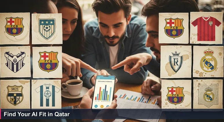 A group of friends in a Doha café debating AI company rankings on a smartphone, with a football league table visible in the background.