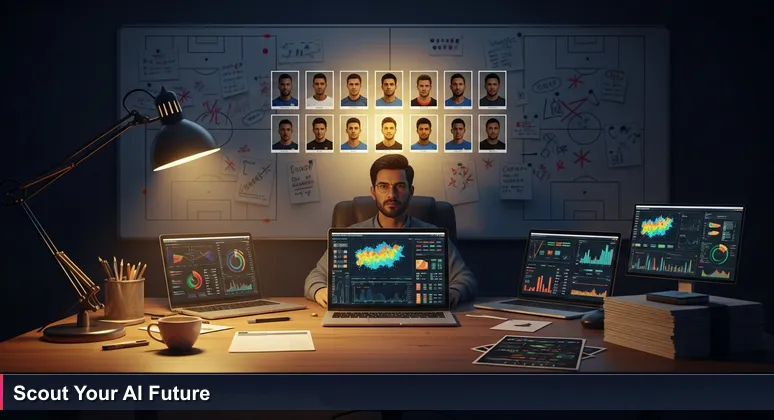 A football manager's desk with laptops displaying AI bootcamp data and a whiteboard with strategic formations, symbolizing career planning in Qatar's tech industry.