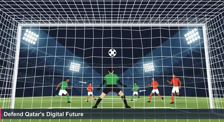 A goalkeeper and defenders coordinating during a night football match at Al Bayt Stadium, symbolizing Qatar's cybersecurity teamwork in 2026.