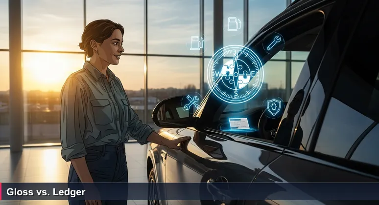 A tech professional in a Doha car showroom reflecting on vehicle maintenance costs, symbolizing salary vs living expenses analysis for 2026