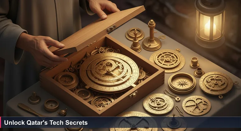 Hands in a Doha souk opening a wooden box to reveal hidden brass astrolabes and tech tools, symbolizing free tech training opportunities in Qatar.