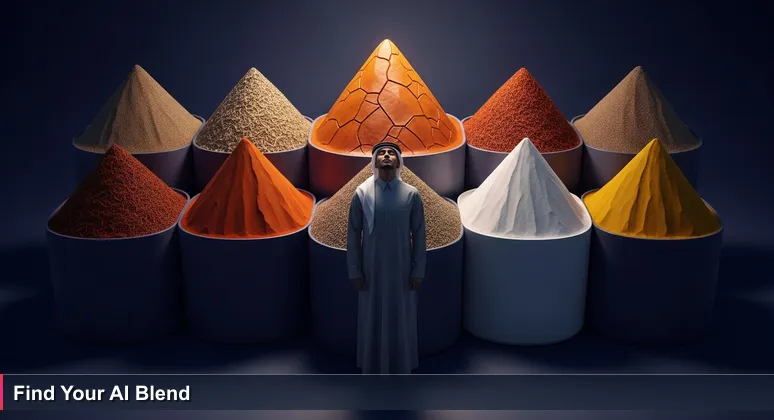 A shopper in a traditional Qatari souq discerning ten unique spice blends, each representing a different industry hiring AI professionals in Qatar, such as energy, healthcare, and finance.