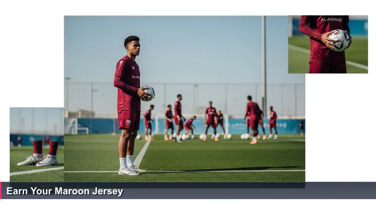 A young footballer in a maroon Al-Annabi jersey at Aspire Academy training pitch, symbolizing junior developers poised to join Qatar's tech startup teams.