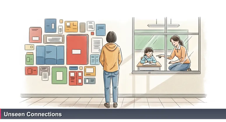 A teacher in Qatar kneeling beside a student's desk, symbolizing mentorship in women's tech communities.