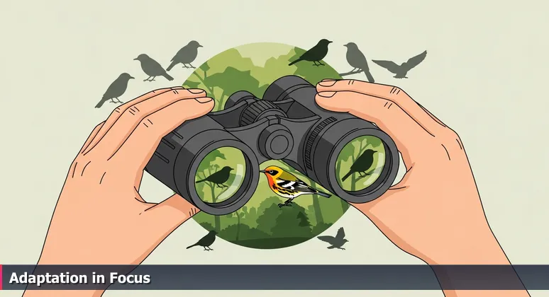 A birdwatcher's hands focusing binoculars on a vibrant warbler in an Indiana forest, symbolizing the search for promising AI startups in Carmel's tech landscape.