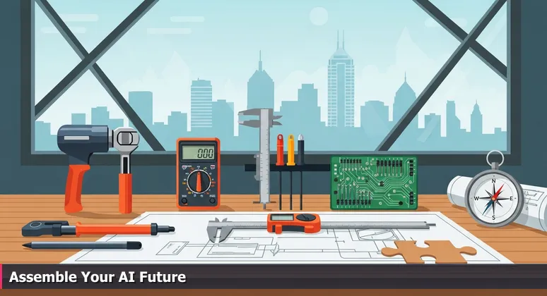 A modern workshop bench with AI tools like a circuit board and multimeter, with the Indianapolis skyline in the background, symbolizing Carmel's AI career opportunities.