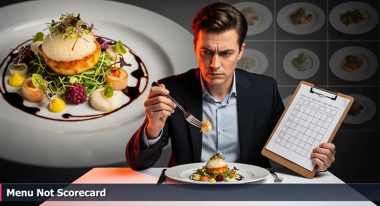 A food critic holding a fork over a complex dish and a simple scoring sheet, symbolizing the dilemma of evaluating tech salaries in Carmel, IN.