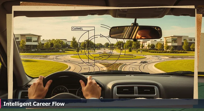 A driver's view from inside a car smoothly navigating a roundabout in Carmel, Indiana, during golden hour, symbolizing efficient career paths in tech.