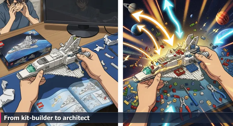 Hands assembling a Lego spaceship with an instruction manual, frustrated face reflected in a monitor, symbolizing the shift to AI engineering design in Carmel.