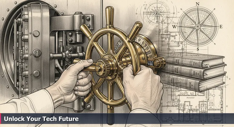 Hands turning a polished brass bank vault combination wheel, symbolizing unlocking financial aid for tech training in Carmel, Indiana