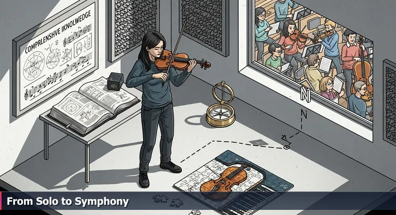 A violinist tuning her instrument alone in a soundproof room, with a view of a vibrant orchestra hall through a window, symbolizing the transition to AI community engagement.