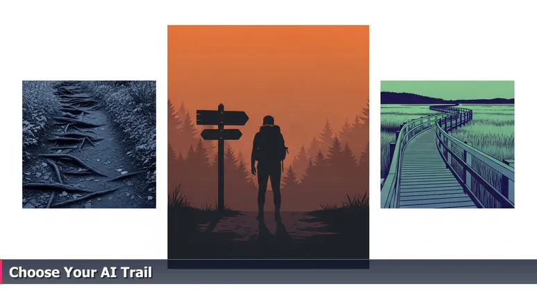 A hiker at a Brown County State Park trailhead near Carmel, IN, contemplating three diverging trails symbolizing AI engineering career choices in the 2026 job market.