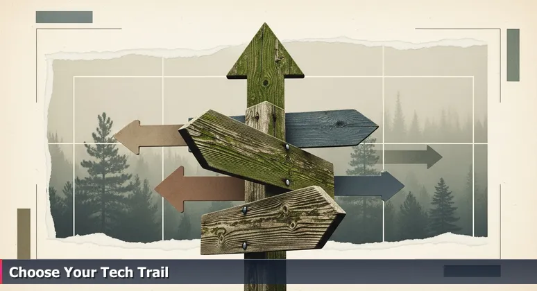A faded wooden trailhead sign in an Indiana forest with arrows pointing to tech career paths in Carmel for 2026, symbolizing apprenticeship and job choices.