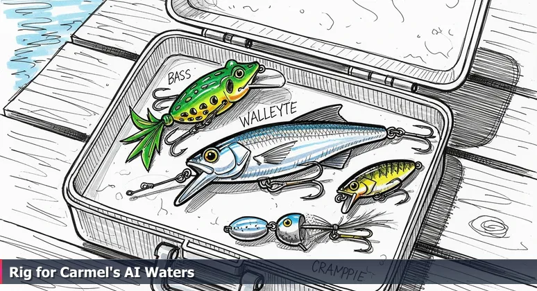 A weathered fishing tackle box open on a dock at Morse Reservoir in Carmel, Indiana, with lures organized to symbolize tailored AI bootcamp choices for local career success in tech.
