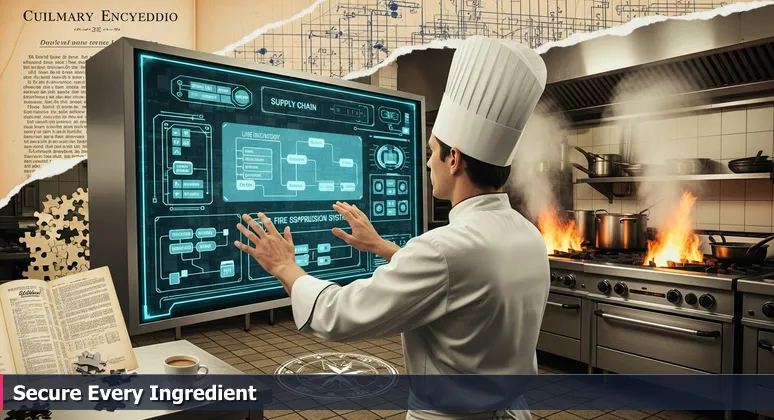 A cybersecurity expert depicted as an executive chef in a modern kitchen, monitoring digital screens with supply chain logistics and security system data.