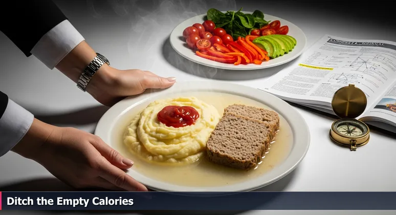 Hands pushing away a large plate of bland cafeteria food towards a smaller, colorful and appetizing dish in the background.