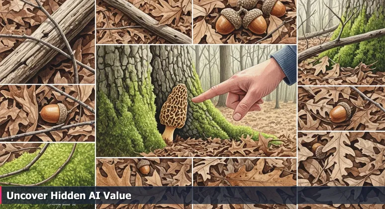 Close-up of an Indiana spring forest floor with dappled sunlight, a hand pointing to a camouflaged morel mushroom among leaves, symbolizing hidden AI career opportunities in Carmel.