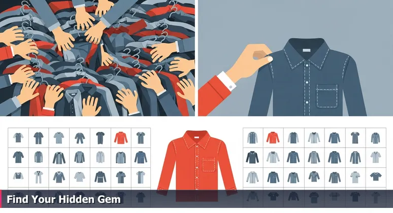 Hands sorting through a crowded thrift store clothing rack, pulling out a unique vintage shirt to symbolize finding the perfect startup job in Carmel's tech scene.