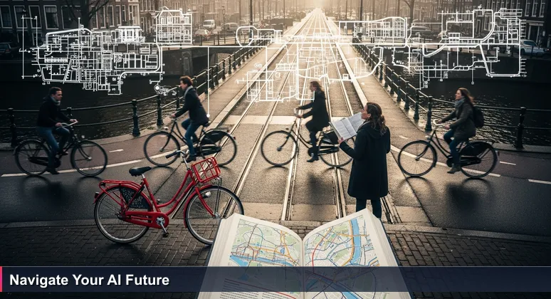 A tourist in Amsterdam looking overwhelmed beside a red rental bike, with locals confidently navigating bike lanes and canals in the background.