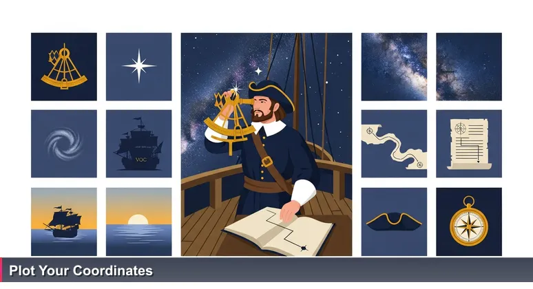 A 17th-century Dutch navigator on a VOC ship using a sextant to observe a star, symbolizing the navigation of tech careers in the Netherlands.