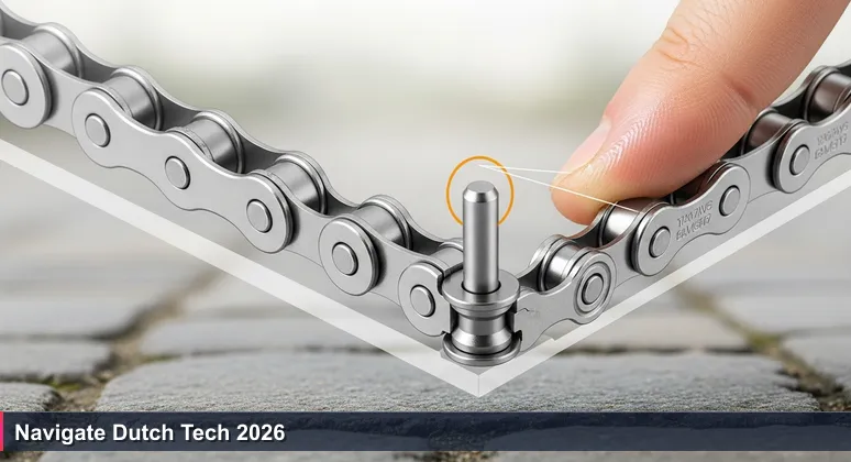 Close-up image of a shiny bicycle chain on cobblestones in Amsterdam, highlighting interlocking links and maintenance grease.