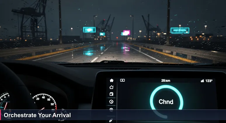 Close-up of a car's GPS screen at night showing 'YOU HAVE ARRIVED', with a rainy view of an empty industrial road, symbolizing career navigation challenges in AI.