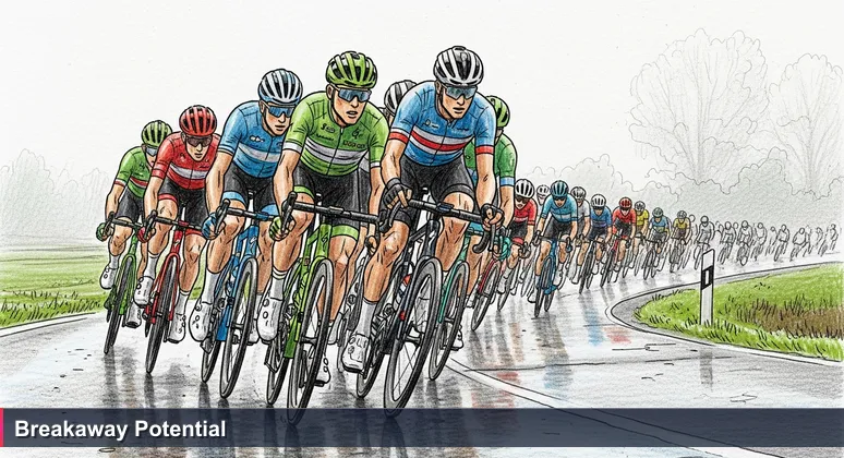 A dynamic peloton of cyclists racing on a wet Dutch road, symbolizing the collective momentum of AI startups in the Netherlands