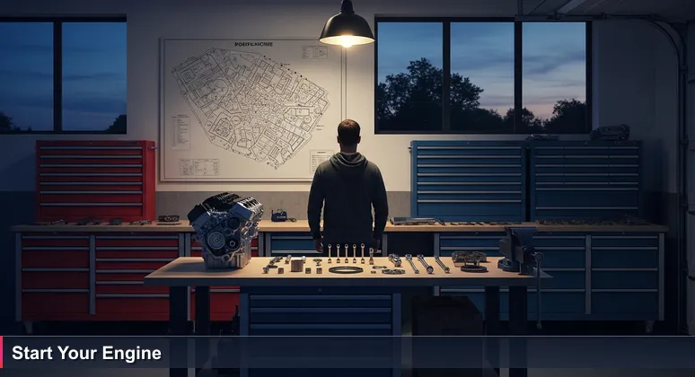 A person in a dusk-lit mechanic's garage looking at a disassembled engine, symbolizing the challenge of assembling funding for tech training in the Netherlands.