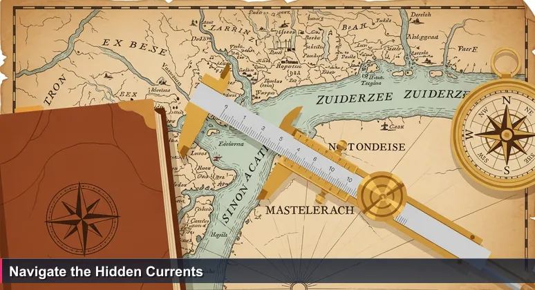 Close-up of a 17th-century Dutch nautical map with a caliper over sea currents, symbolizing hidden AI salary factors like company tiers and tax advantages.
