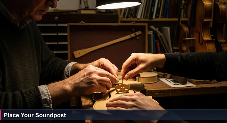 Hands in a violinmaker's workshop placing a soundpost, symbolizing the transfer of AI knowledge in Netherlands communities for career advancement.