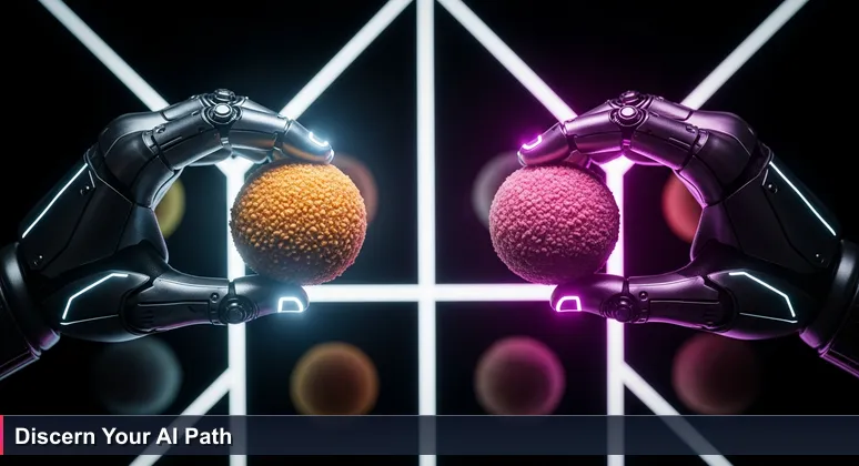 Hands holding two Dutch bitterballen, scrutinizing them against a snackbar backdrop, symbolizing career discernment for AI engineers.