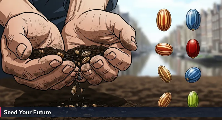 Close-up of gardener's hands holding various seeds in fertile soil, with Amsterdam canal houses blurred in the background, symbolizing career choices in Dutch tech.